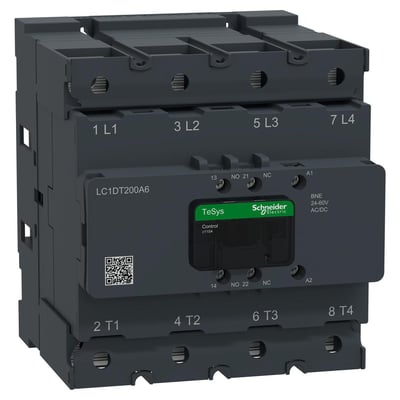 Schneider Electric TeSys Deca Advanced 4-polet kontaktor, 200A AC-1, med 24-60V AC/DC spole og 1NO+1NC hjælpekontakter.