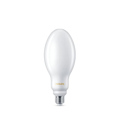 Philips CorePro LED HPL-pære med en mat, hvid overflade og E27-fatning, med Philips-logo i guld. En energibesparende lyskilde på 24,5W med 4000 lumen.