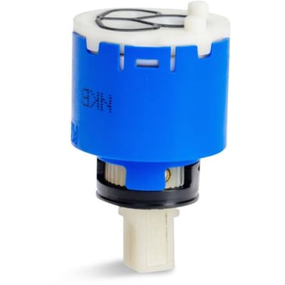 Kartouche FK-0322 til Blue Label håndvaskarmatur, med blå cylindrisk krop og hvid bund. Bruges til indbygning.