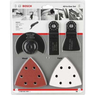 Bosch Starlock universalsæt i emballage, viser alle 13 dele samt montagevejledning og produktinformation.