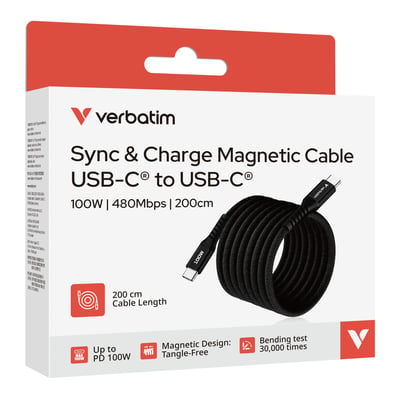 Verbatim Sync & Charge USB-C-kabel i sort på emballagen, med oplysning om 100 W og en længde på 2 meter.