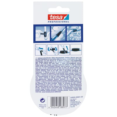 Tesa 4600 Xtreme Conditions tape, 25mm x 3m, sort. Bagsiden viser illustrationer af anvendelsesmuligheder og produktinformation.