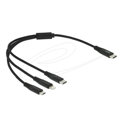Sort DeLock 3-i-1 USB-C-opladerkabel på 30 cm med USB-C-, Lightning- og Micro-USB-stik.