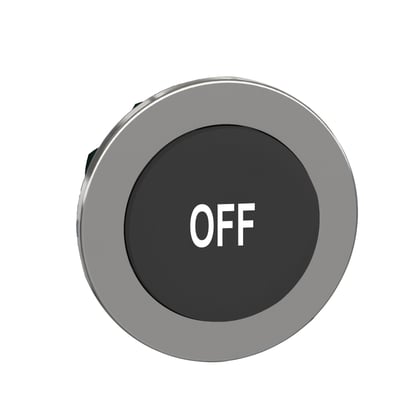 Schneider Electric Harmony XB4 flush trykknap i sort med hvidt "OFF" symbol på en ophøjet trykflade med metalramme.