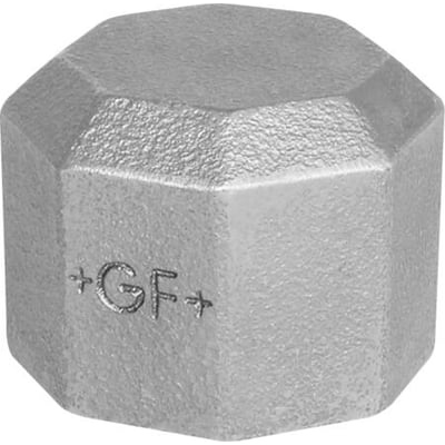 Georg Fischer 3" slutmuffe i sort stål, med tydeligt GF+ logo og ottekantet form, klar til montering.