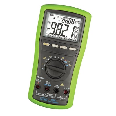 Nærbillede af Elma BM 821 multimeter med alle funktioner tydeligt markeret på drejeknap og baggrundsbelyst display.