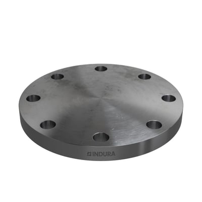 Indura blindflange PN40, 168,3 mm, med 8 bolthuller, viser stålmateriale og logo på hvid baggrund.