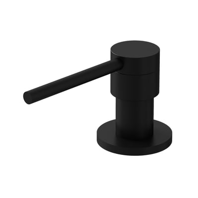 Lavabo Kubus sæbedispenser i mat sort med cylindrisk pumpehoved, lang arm og rund monteringsflange.