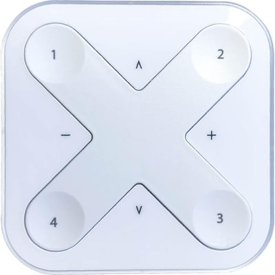 Oversigtsbillede af Casambi Xpress LR trådløst panel, hvidt, med tydelige symboler for knapperne og en centreret X-formet udskæring.