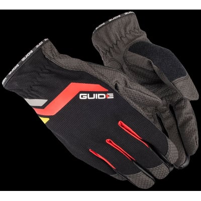 Guide handske 5116 i størrelse 11, med sort og grå detaljer, røde syninger og Guide logo. Handsken har et mønstret greb på håndfladen.
