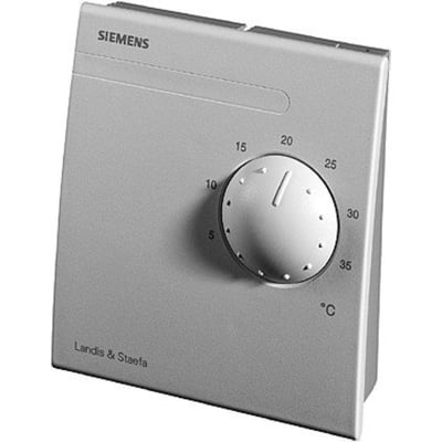 Siemens QAA27 rumapparat med temperaturføler og drejeknap til setpunktsindstilling fra 5-35 grader Celsius.