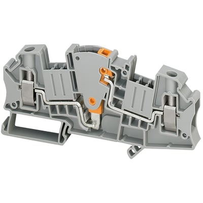 Schneider Electric Linergy TR skilleklemme til 6mm2 ledere i grå plast med orange detaljer og metalterminaler.