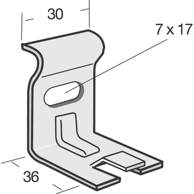 Teknisk tegning af Legrand CAT-G konsol med dimensioner 30 mm og 36 mm, samt mål for hul 7 x 17 mm.