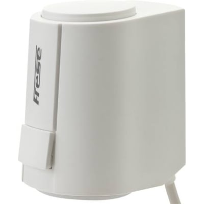 Frese On-Off aktuator i hvid plast med 24V NC og slaglængde 5,0/5,5 mm, vist fra siden på hvid baggrund.