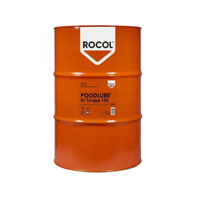 ROCOL Foodlube Hi-Torque 150 gearolie på 200L, vist i en orange metaldrage med tydelige mærkater og certificeringer.