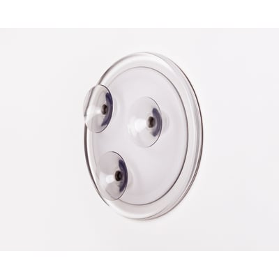 HeFe Fokus spejl, 17 cm diameter, transparent og rundt med tre sugekopper til montering på glatte overflader.