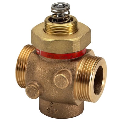 Danfoss VM2-15 2-vejs sædeventil i messing med 3/4" gevind og DN15, kvs 1,0. Ventilen har en rød mærkat med produktinformation.