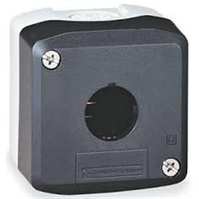 Schneider Electric trykknapkasse med mørkegrå front og hvidt kabinet, med et synligt hul til knap og skruer.