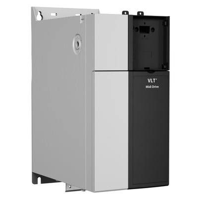 Danfoss VLT Midi Drive FC 280 frekvensomformer i IP20-klassificeret kabinet med åbent frontpanel og VLT-logo på hvid baggrund.