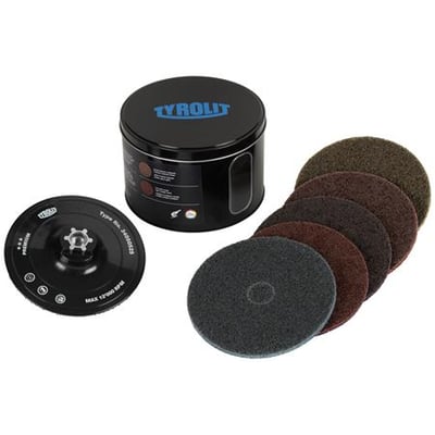 Tyrolit SCM kit 125 med bagflange og fem slibeskiver i forskellige grovheder, fra ekstra grov til meget fin.