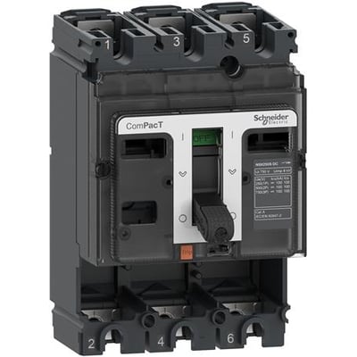 Schneider Electric 3-polet maksafbryder, ComPacT NSX100F DC, grå og sort, med tydelig betjeningshåndtag og mærkat.