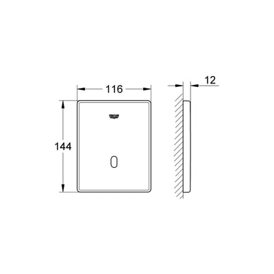 Teknisk tegning af Grohe Tectron Skate urinal armatur, der viser mål 116x144 mm og dybde på 12 mm.