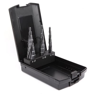Ironside Super TiALN-trinborsæt med tre trinbor i åbent sort etui, mærket 6–27, 6–20 og 6–12 mm.