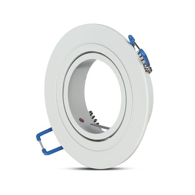 V-TAC hvid downlight fitting i aluminium med drejelig ring og blå monteringsclips.