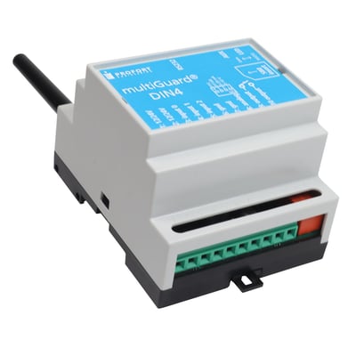 Profort multiGuard DIN4 4G enhed med antenne, der understøtter 4G mobilnetværk og har grønne terminaler til tilslutning.