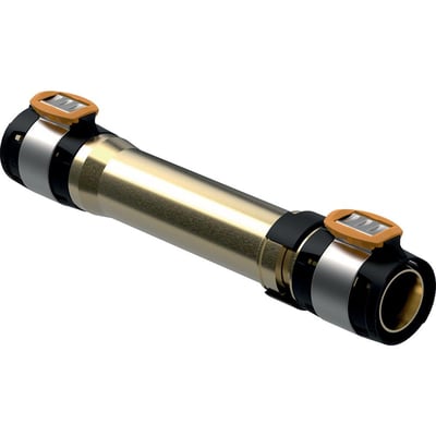 Geberit FlowFit reparationskobling 50 mm i skinnende metal med sorte og sølv detaljer og orange låseclips.