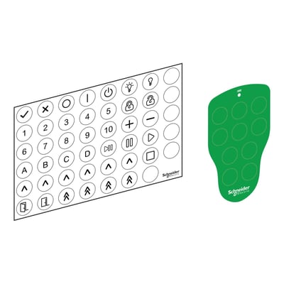 Schneider Electric label kit til sender med 40 ikoner og en grøn sender-holder med cirkulære åbninger.