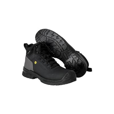 Sort MASCOT® FOOTWEAR CLASSIC F1007-906 sikkerhedsstøvle med snørebånd og grå detaljer, vist med sålen opad.