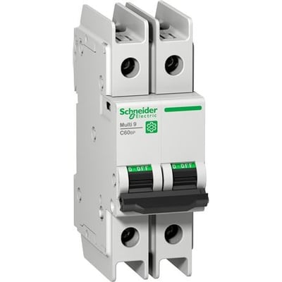 Schneider Electric C60BP automatsikring med to poler og grønne betjeningsmarkeringer, set forfra.