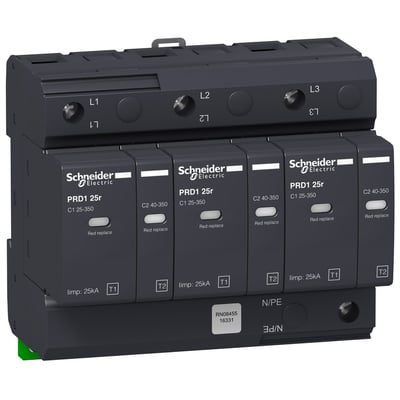 Schneider Electric overspændingsafledning PRD1 25R 3P, type 1, med tre faser mærket L1, L2, L3 og angivet 'limp: 25kA T1'.