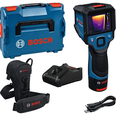 Bosch GTC 12V-450-13 termisk kamera med farveskærm, L-BOXX og tilbehør vist samlet.