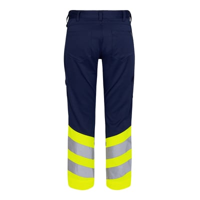 Bagside af Engel High-Vis bukser i klasse 1, model 2546-314, blå/gul, str. 112, med reflekser på benene.