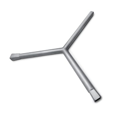 Y-ventilnøgle af rustfrit stål til stikledningsventiler på 16, 20 og 33 mm, vist på hvid baggrund.