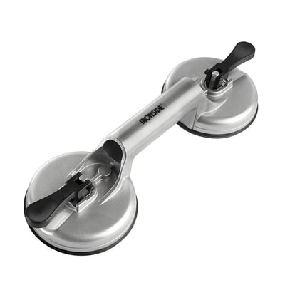 Ironside glasløfter med aluminiumsramme, to runde sugekopper og sorte håndtag; kapacitet 50 kg.