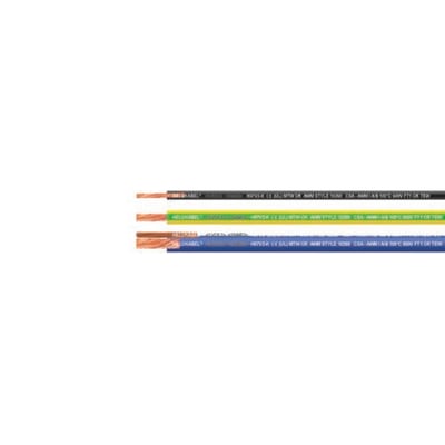 Tre Fivenorm H05 V2-K monteringsledninger i sort, gul/grøn og blå med kobberleder vist over hinanden.
