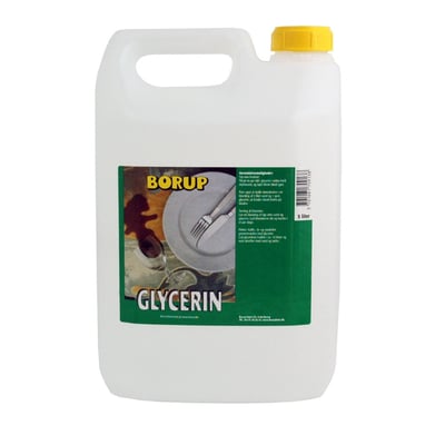 Borup Kemi Glycerin pH N i en hvid 5-liters dunk med gult skruelåg og grøn produktetiket.