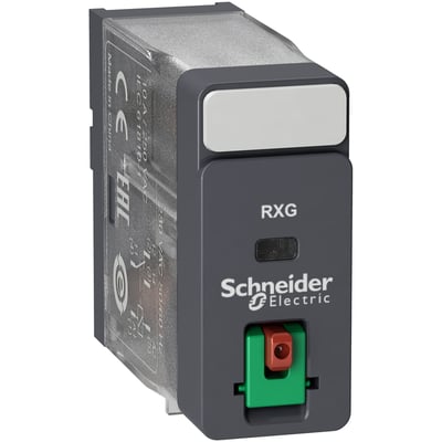 Schneider Electric Harmony RXG stikbensrelæ med 1 C/O kontakt, 10A og 230V AC forsyning, vist med testknap og grøn/brun terminal.