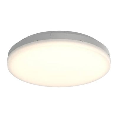 Ansell Lighting Mercurial IP54 plafond, en rund og flad loftlampe i sølv med hvid opal afskærmning, der udsender et blødt, diffust lys.
