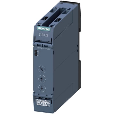 Siemens SIRIUS 3RP25 tidsrelæ med 2 CO kontakter og skrueklemmer. Relæet har LED-indikator og modelnummer 3RP2505-1RW30.