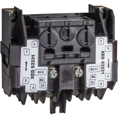 Schneider Electric 2-polet kontaktelement XAC-DXEDS3231 med 2 hastigheder, monteret på en sort plastikbase med mærkater.