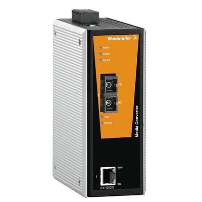 Weidmüller media converter til RJ45 og fiberoptik med orange front, fiberporte og RJ45-port.