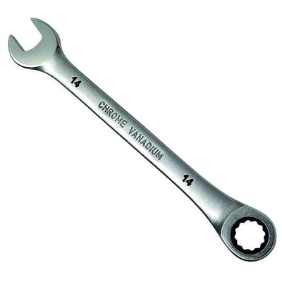 Ironside ringskraldenøglesæt uden omskifter med 12 dele, 8-19 mm; en lige nøgle med 14 mm åbning ses.