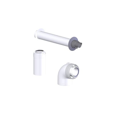 Metalbestos ConneXt vandret aftrækssæt med 80/125 mm indvendig/udvendig diameter, bestående af vinkel, lige rør og væggennemføring.