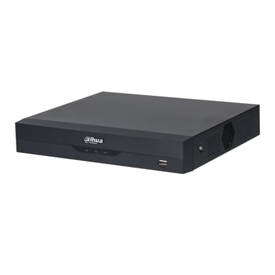 Dahua XVR5116HS-I3/T er en sort, kompakt 16-kanals Penta-brid digital videooptager, set skråt forfra.