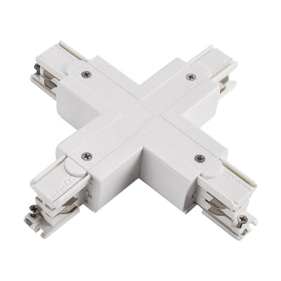 SpectrumLEDs hvide LED-loftlampe er produktet, men motivet viser en krydsformet, hvid skinneforbinder med fire tilslutninger.