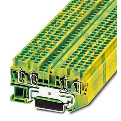 Detaljebillede af Phoenix Contact ST 2,5-QUATTRO-PE jordklemme, viser de fire tilslutninger med fjedermekanisme i gul/grøn.